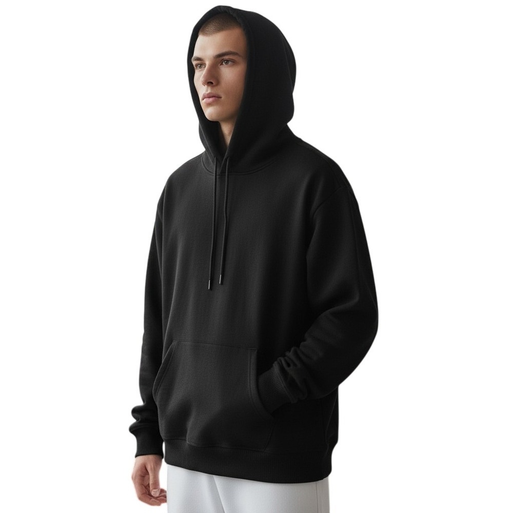 Premium 100% Cotton Black Pullover Hoodie Mens Heavyweight Sweatshirt RN 156068
